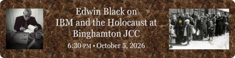 Edwin on IBM and the Holocaust at Binghamton JCC with images of Edwin and women and children waiting for the boxcars